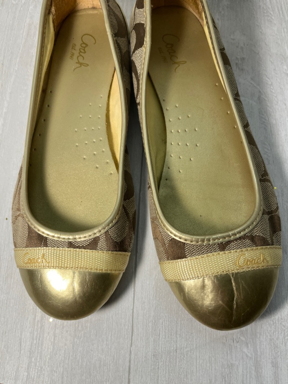 Coach Women's Brown Signature Canvas Ballet Flats with Gold Cap Toe - Picture 5 of 9